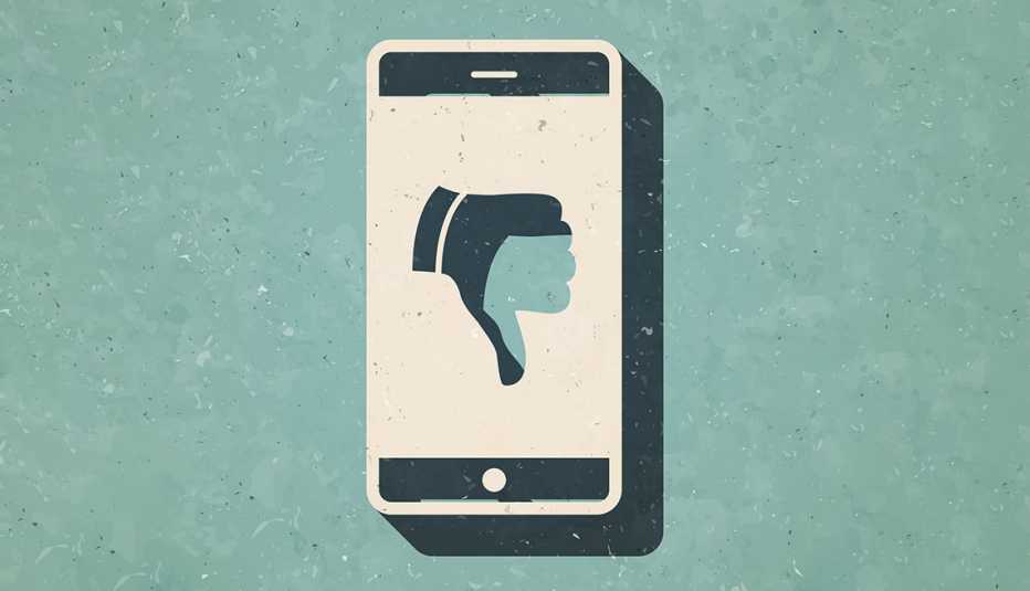 2024 SCP - Facebook Defraud Investors Icon of "Smartphone with thumbs down" in a trendy vintage style. Beautiful retro illustration with old textured paper and a black long shadow.