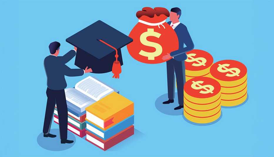 2025 SC Preview - Student Loan Debt Stock illustration of isometric businessmen with bags of money to buy diplomas graduation caps.