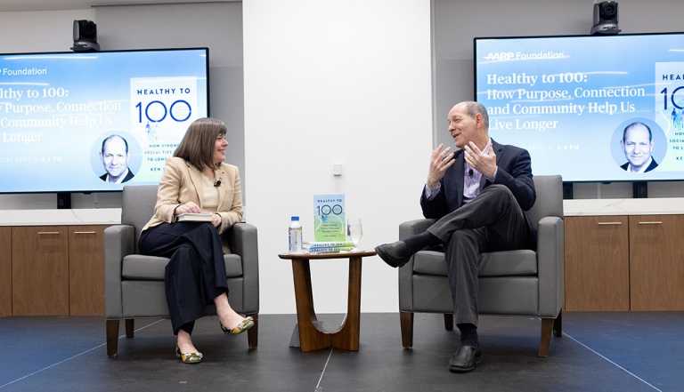 The AARP Foundation host a fireside chat with Claire Casey in conversation with author Ken Stern about his book, Healthy to 100: How Purpose, Connection and Community Help Us Live Longer, at AARP headquarters in Washington, D.C., April 8, 2026.