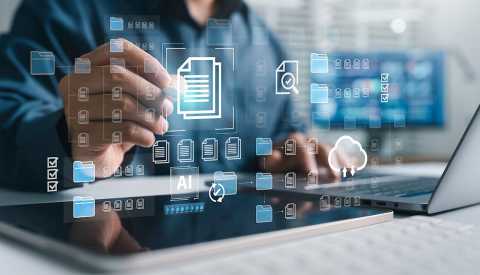 AI document management concept with intelligent data processing system, digital file storage organization, documentation database, automated workflow integration on laptop, smart business technology.