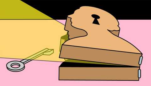 a key has just unlocked a box which is shaped like the bust of a person, and bright light is spilling out from the opening