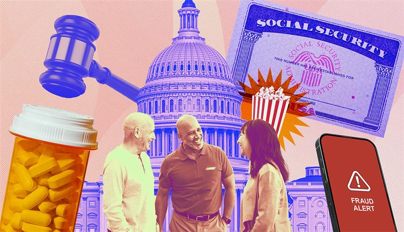 how AARP is standing for older Americans collage including a fraud alert on a mobile phone, a pill bottle, the capital building, a gavel, and a social security card
