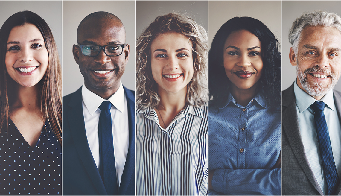 collage of portraits of an ethnically diverse and mixed age group of business professionals