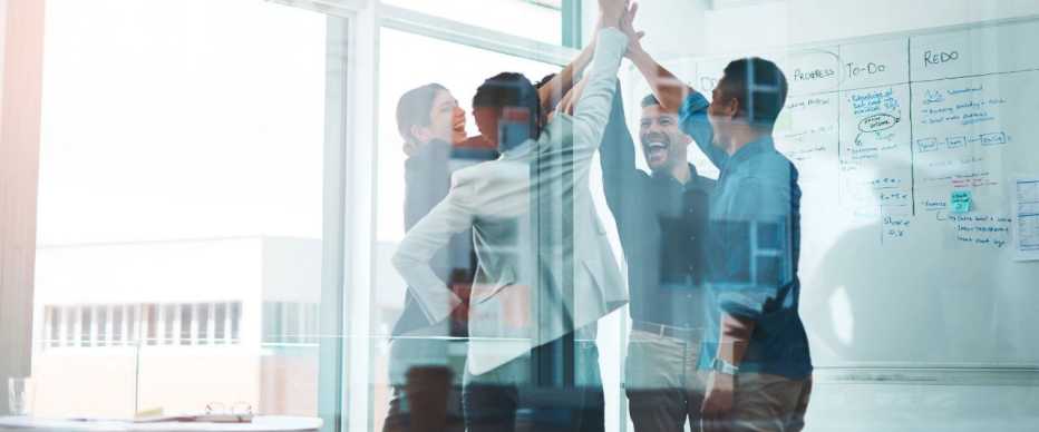 a group of people in a meeting room high fiving