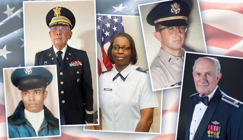 collage of AARP veteran volunteers, from left: Eugene Keith, Lloyd Sodetani, Pamela Henderson, Stu Ervay, and  Leonard Kirschner
