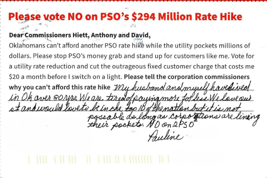 A screenshot of a memo to commissioners in Oklahoma advocating for lower utility costs A screenshot of a memo to commissioners in Oklahoma advocating for lower utility costs