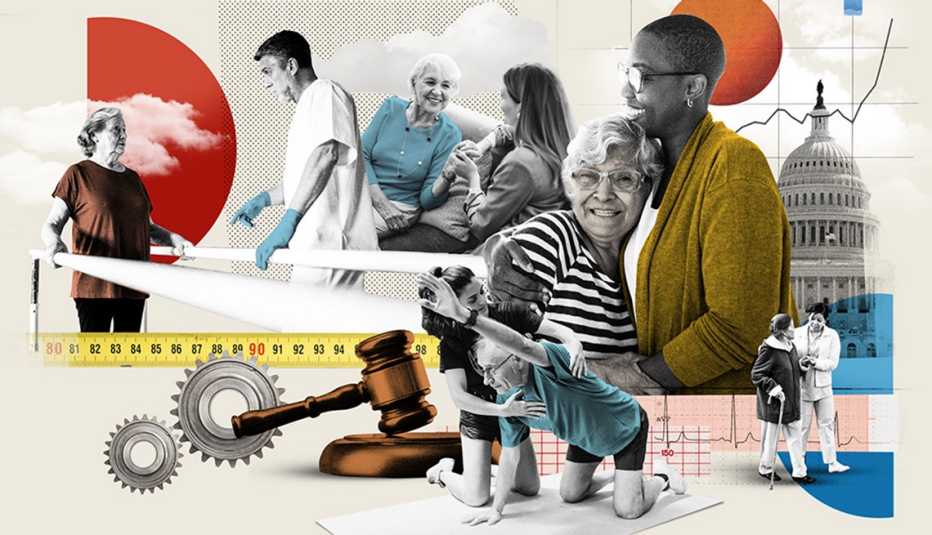 collage of many aspects of caregiving and the law images of healthcare staff and family members with care recipients the u s capitol dome and gavel and gears to show how the system all goes together