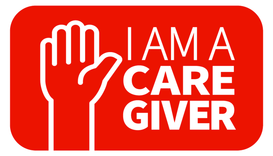 Support caregivers a red and white logo with a hand raised and text saying i am a caregiver