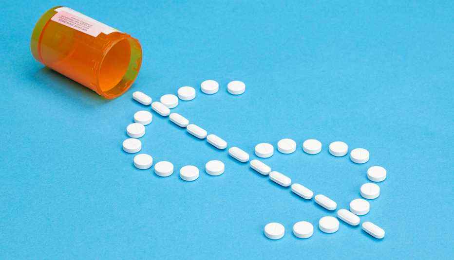 tipped over prescription drug bottle with pills spilling out in the form of a dollar sign 
