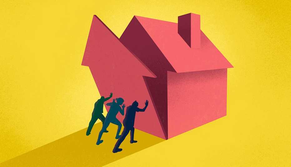 AARP Foundation helps seniors stay in their homes three people helping construct a home by putting up a wall that is also an upward facing arrow