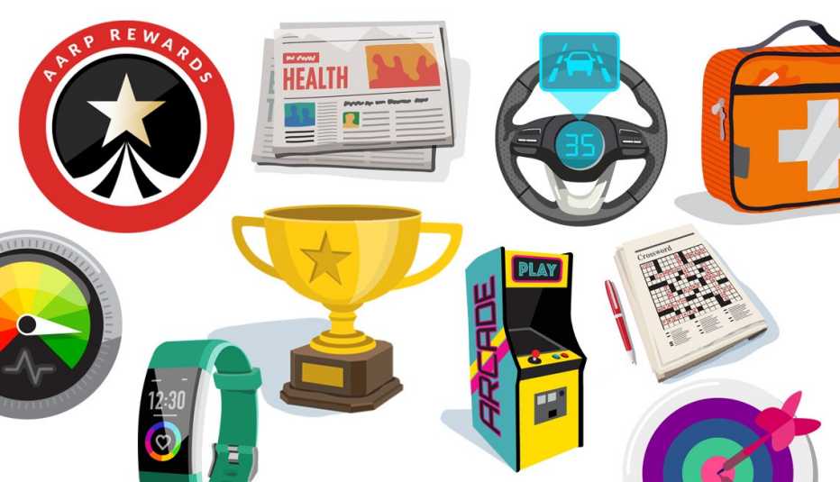 collage of icons related to AARP programs