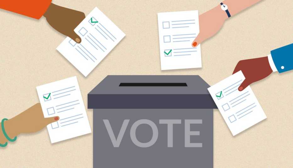 a variety of peoples hands moving towards a ballot box to cast votes
