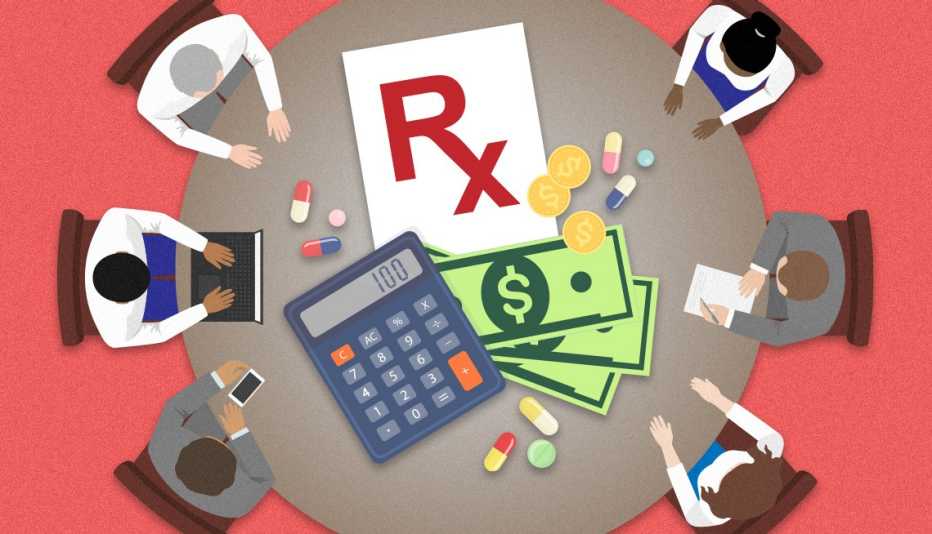 round conference table with six people seated around it with a calculator a clipbard that says r x paper money and prescription drugs to negotiate prescription drug prices