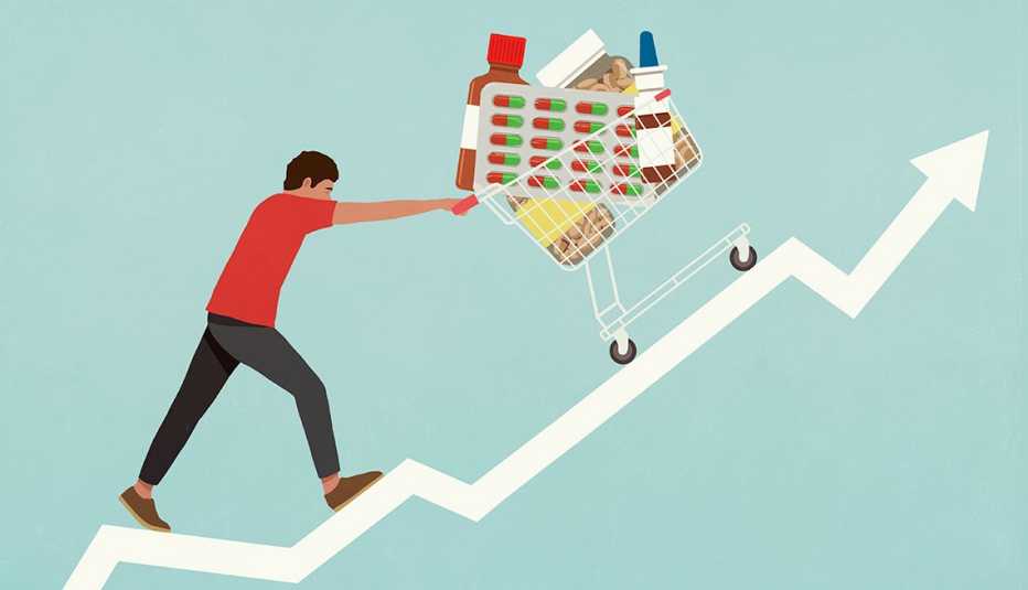 a man pushes a shopping cart of prescription drugs up a steep incline