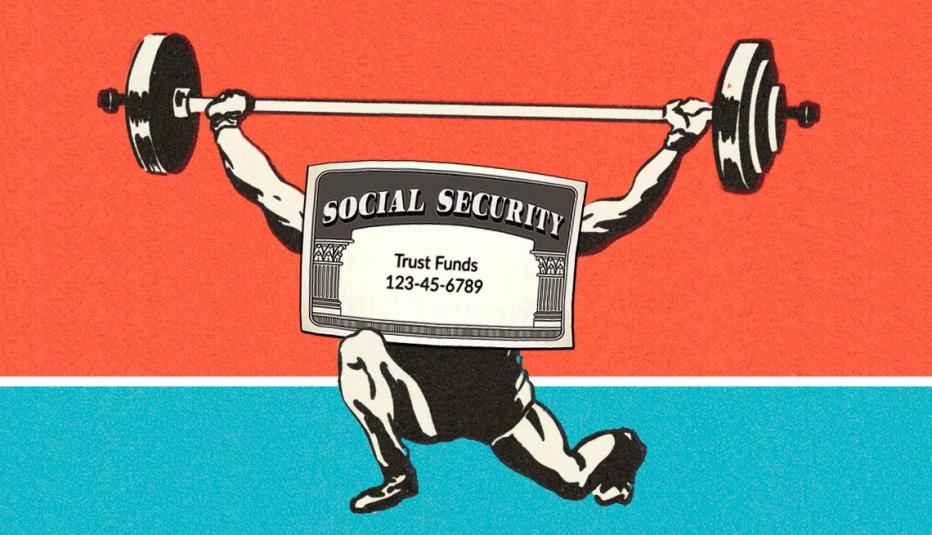 old timey strongman with the body of a social security card lifting a barbell over his head