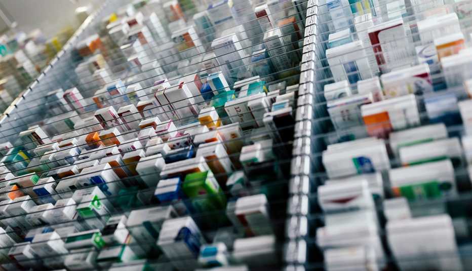 A wall of prescription drugs at a pharmacy