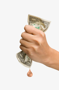 Woman squeezing dollar and dripping penny, Chained CPI