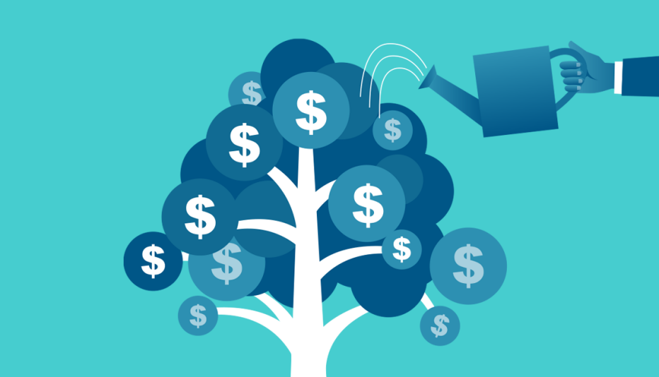 hand holding watering can that is watering a tree growing money, showing the idea of investment