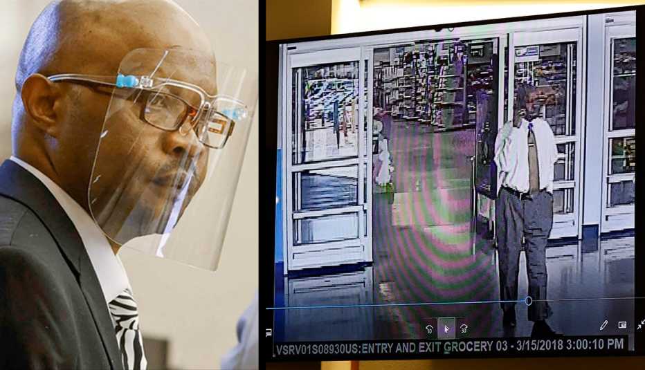 Billy Chemirmir,left - in court. Right - caught on Walmart security camera in March 2018.. A few days later he tailed Lu Thi Harris from there to her home, suffocated her and stole her jewelry.