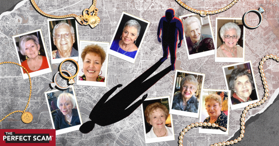 illustrated collage with images of the Texas elder murders victims surrounded by the wedding rings and necklaces