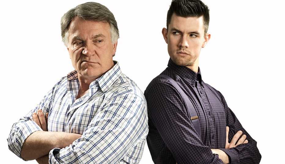 Boomer and Millenial, back to back, sneering, inter-generational war Boomer and Millenial, back to back, sneering, inter-generational war