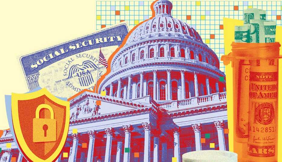 collage of united states capitol building dome with a social security card prescription drugs a shield for security and paper money