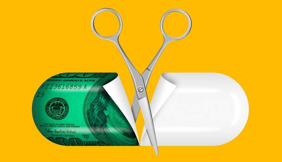 illustration of a pill capsule with one side filled with a dollar bill being cut in half by a pair of scissors