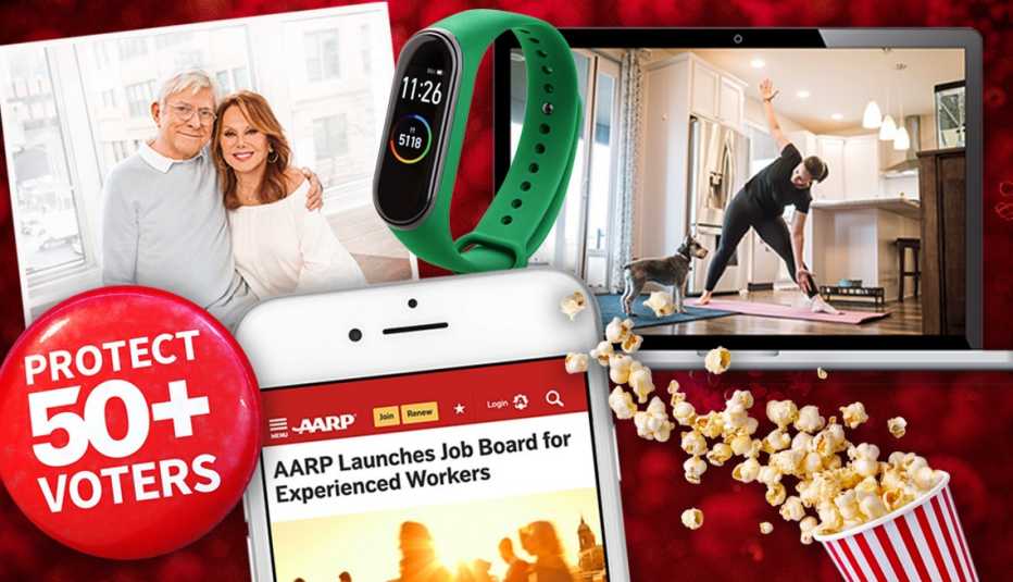 montage of images from this year clockwise from top left are phil donahue and marlo thomas a fitness tracker wristband a laptop showing a person doing a home workout popcorn a mobile with the a a r p app showing and a protect fifty plus voters button