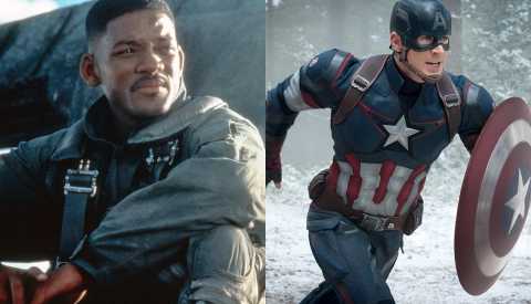 Will Smith as Captain Steven Hiller in Independence Day and Chris Evans as Captain America
