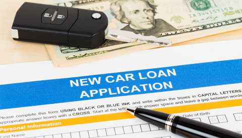 Car loan application with car key and dollar banknote