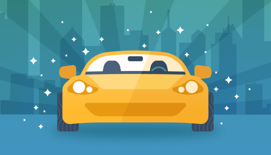 an illustration of a yellow car surrounded by sparkling lights against a cityscape