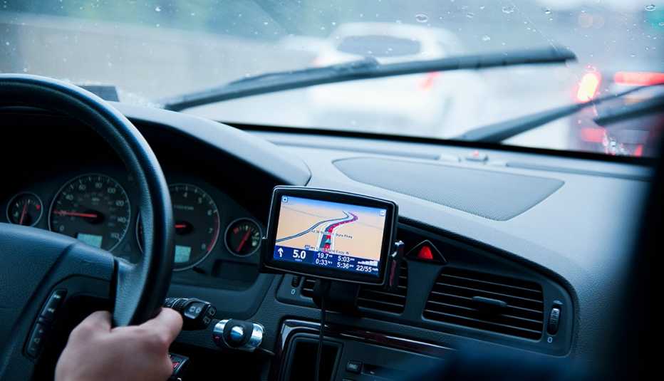 a dashboard gps display in the rain
