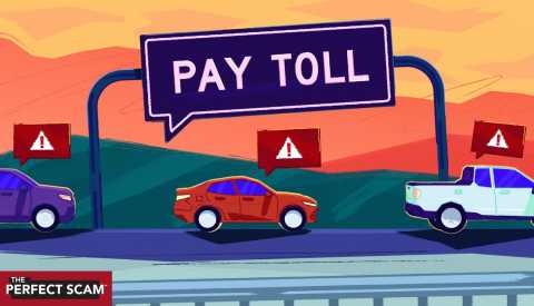 scammers are asking for fake toll road payments cars driving on a toll road with a sign above them and scam alert symbols above the cars
