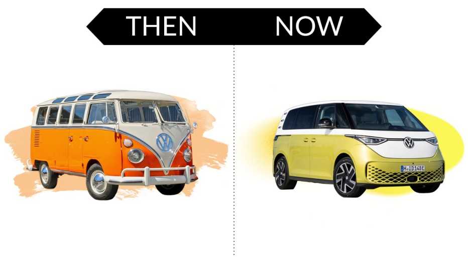 left classic volkswagon v w bus right a volkswagon v w i d buzz