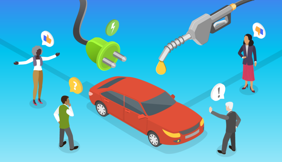 people standing around a car discussing the merits of gas versus hybrid versus electric cars