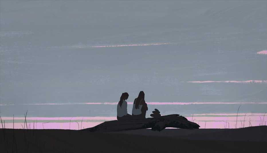Illustration of two girls sitting on driftwood log on a beach on a cloudy morning Illustration of two girls sitting on driftwood log on a beach on a cloudy morning