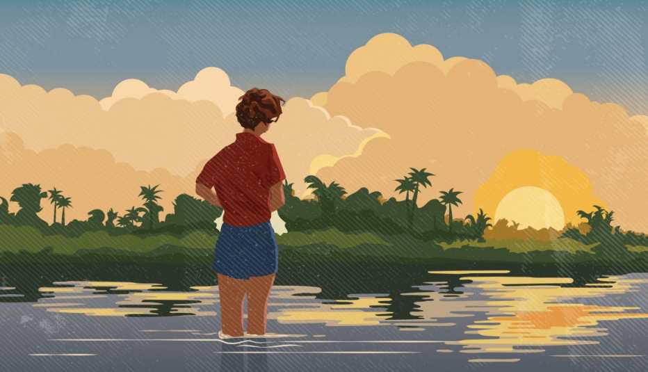 Illustration of a woman standing in a river while watching a sunset. Illustration of a woman standing in a river while watching a sunset.