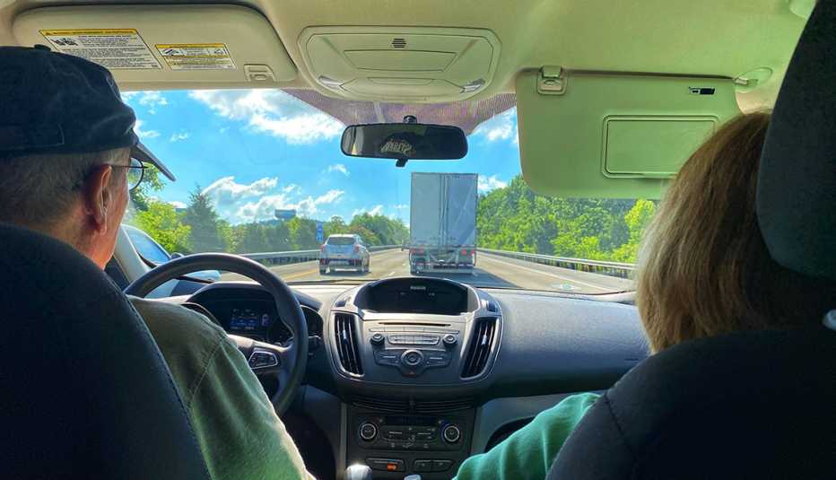 View from the back seat of a vehicle as Terri Marshall&rsquo;s parents drive down the highway.