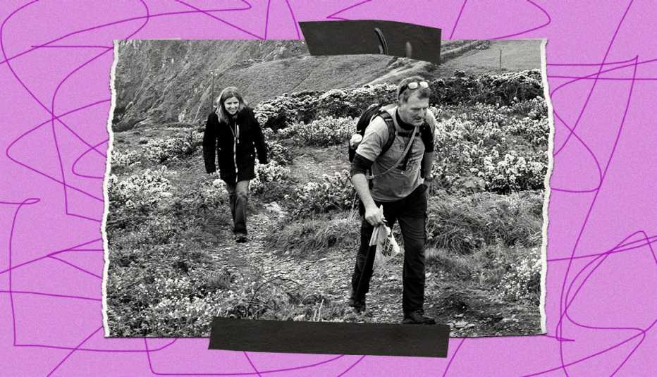 Patricia McCreary and Shane O’Doherty walk along a path