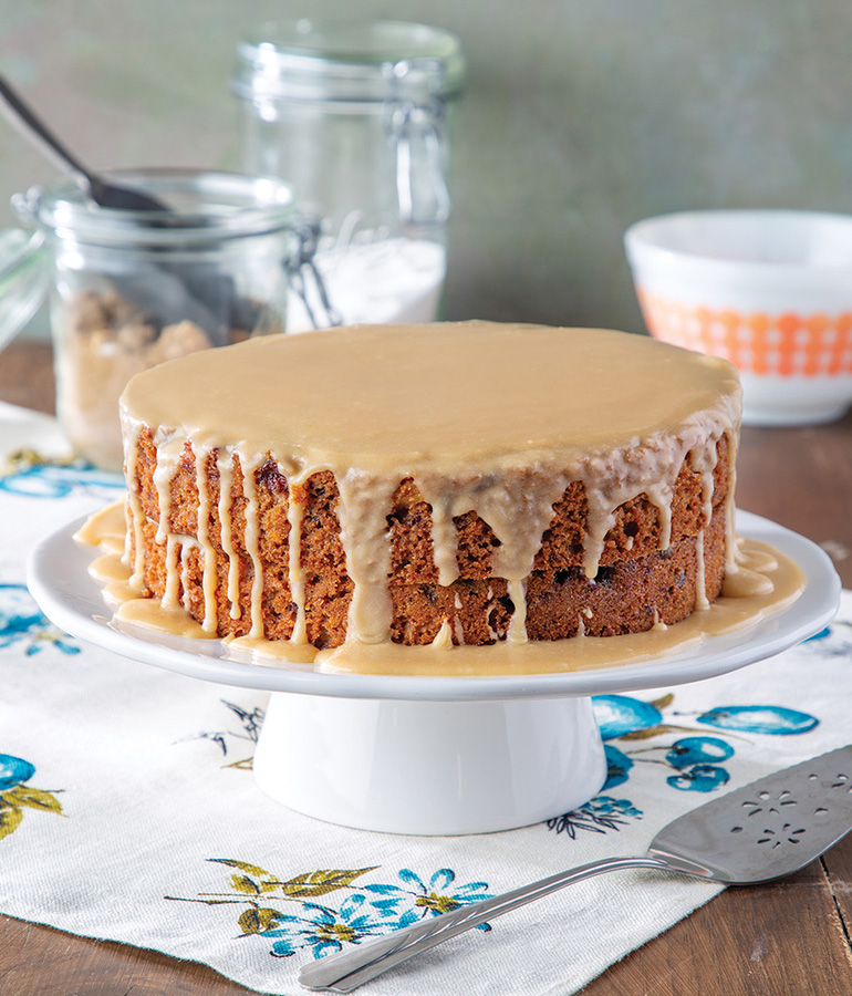 jam cake with caramel glaze on cake dish
