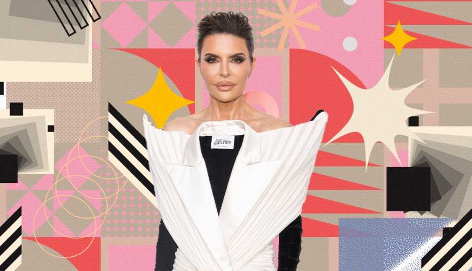 lisa rinna on colorful, flashy background with all sorts of shapes and symbols