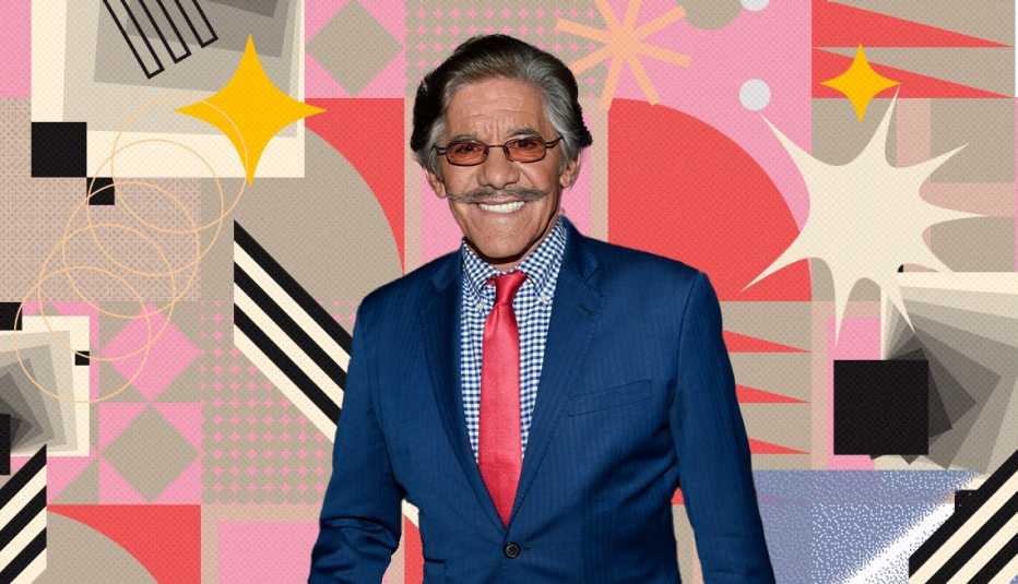 geraldo rivera on colorful, flashy background with all sorts of shapes and symbols