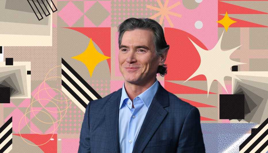 billy crudup on colorful, flashy background with all sorts of shapes and symbols