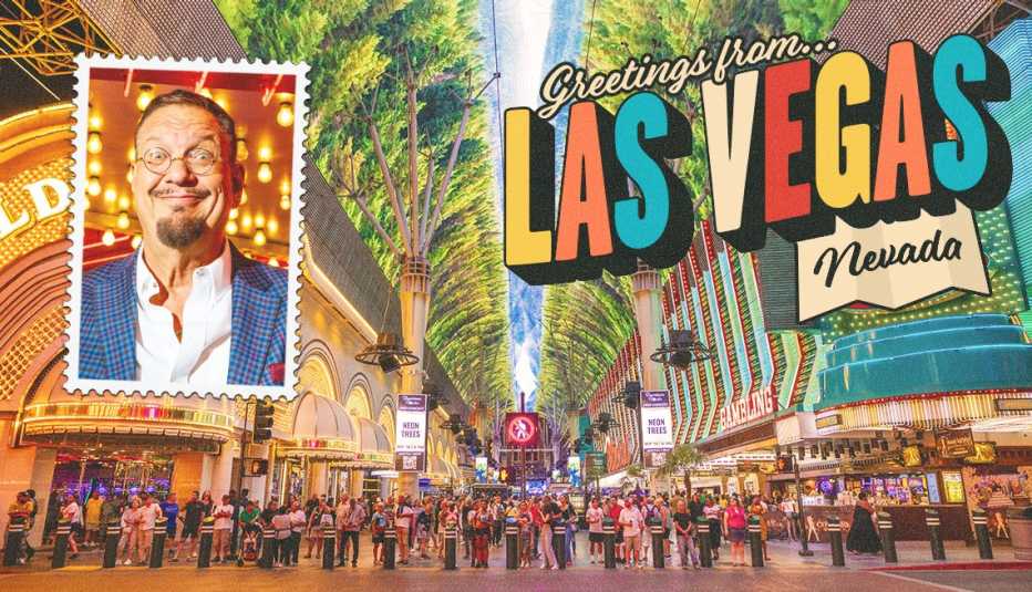 fremont street in las vegas with lots of buildings and people; photo of penn jillett in upper left corner; the words greetings from las vegas nevada in upper right corner