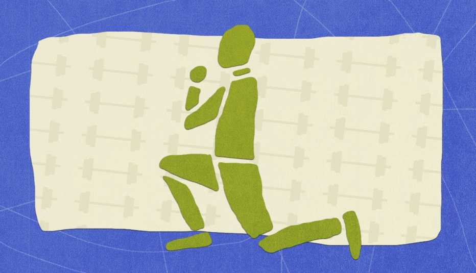 illustration of a person doing a lunge with barbells in the background