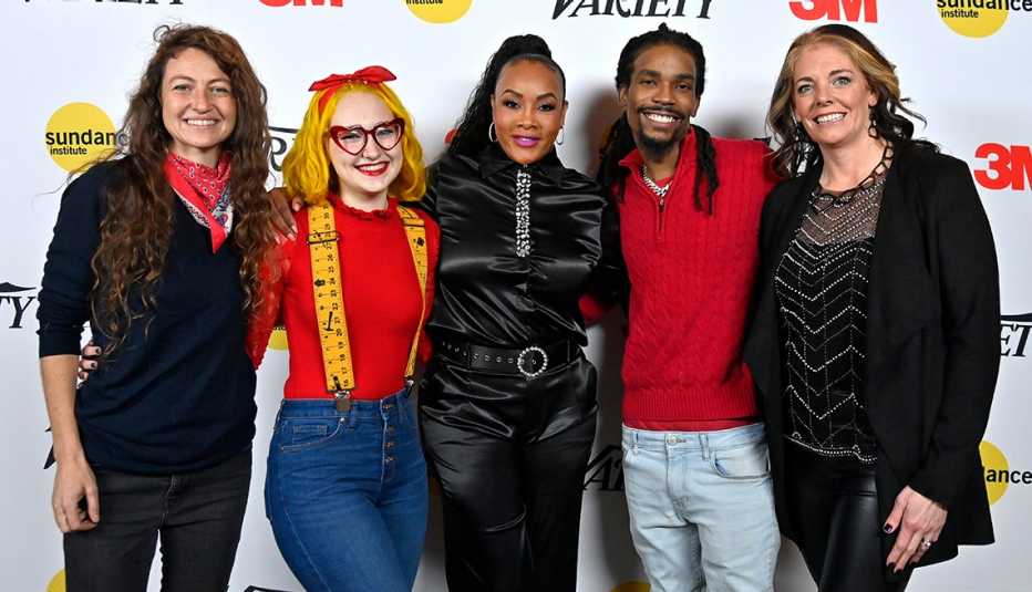 sophia stieglitz, paige knowles, vivica a fox, cedric smith and andrea martin against backdrop that has words sundance, variety and 3M on it