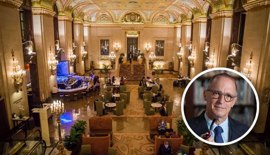overhead view of the ornate lobby of the Palmer House Hotel in Chicago with an inset headshot of David Sedaris
