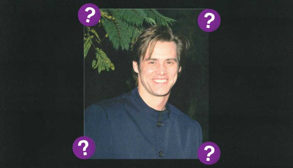 Jim Carrey; surrounded by purple circles with question marks in them