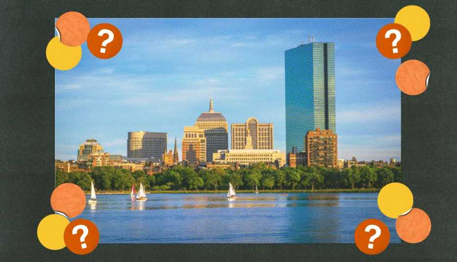 city skyline; surrounded by yellow, orange and red circles with question marks