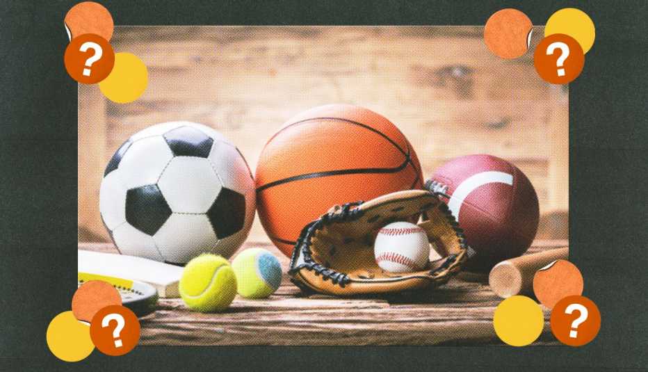 Soccer ball, tennis ball, basketball, baseball in baseball glove and football; surrounded by yellow, orange and red circles with question marks
